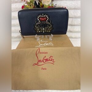 Christian Louboutin Dark Bluish Black Leather Jeweled Wallet w/ Box and Dustbag